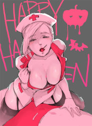 Rule 34 | 1girl, breasts, cleavage, commentary request, halloween, nurse, original, satsuki hayanori, short hair, solo, thighhighs