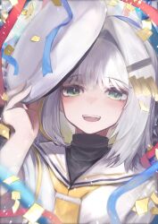 Rule 34 | 1girl, a.i. voice, absurdres, akiba (nagusami), black undershirt, blonde hair, blurry, blush, commentary, confetti, depth of field, green eyes, grey hair, hair intakes, hair ornament, hairclip, half-closed eyes, hat, highres, holding, holding clothes, holding hat, light particles, looking at viewer, multicolored hair, neckerchief, open mouth, sailor collar, sailor hat, school uniform, serafuku, shirt, smile, solo, streaked hair, streamers, tsunose kotone, tsunose kotone (tsubomi), turtleneck, upper body, white sailor collar, white shirt, yellow neckerchief