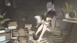 Rule 34 | &gt; &lt;, 1girl, = =, absurdres, ahoge, armchair, barefoot, black sweater, blue eyes, blurry, blurry background, blurry foreground, book, book stack, breasts, chair, clock, closed mouth, commentary request, creature, cross, cup, demon girl, demon tail, demon wings, grey hair, hair between eyes, highres, holding, holding book, holding cup, horns, indoors, jewelry, lanchuan, latin cross, leaf, long hair, long sleeves, looking away, looking down, medium breasts, mug, necklace, open book, original, plant, pointy ears, potted plant, reading, shorts, sitting, solo, sunlight, sweater, table, tail, thea (nekojira), turtleneck, turtleneck sweater, wide shot, wings
