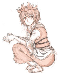 Rule 34 | 1girl, animal print, barefoot, feet, full body, hair ornament, highres, interlocked fingers, kuro suto sukii, looking at viewer, multicolored hair, own hands clasped, own hands together, sash, shirt, simple background, sketch, skirt, skirt set, smile, solo, squatting, tiger print, toes, toramaru shou, touhou, two-tone hair, vest, white background