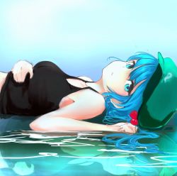 Rule 34 | 1girl, armpit peek, bare shoulders, blue eyes, blue hair, breasts, from side, green hat, hair bobbles, hair ornament, hat, highres, kawashiro nitori, large breasts, looking at viewer, lumo 1121, lying, lying on water, matching hair/eyes, on back, parted lips, partially submerged, short hair, solo, tank top, touhou, two side up, water