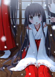 Rule 34 | 2girls, :o, bad id, bad pixiv id, between legs, black eyes, black hair, blush, chm (macharge), hand between legs, japanese clothes, long hair, looking at viewer, miko, multiple girls, open mouth, original, sitting, smile, snowing, socks, v, very long hair