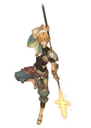 Rule 34 | 1boy, abs, arm tattoo, armor, atelier (series), atelier shallie, circlet, facial mark, feather hair ornament, feathers, full body, glowing, hair ornament, hidari (left side), kortes (atelier), male focus, official art, orange hair, pauldrons, polearm, pom pom (clothes), shoulder armor, simple background, skin tight, skindentation, solo, spear, standing, standing on one leg, tattoo, weapon, white background