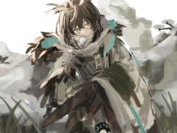Rule 34 | 1girl, arknights, brown hair, closed mouth, drone, feather hair, feathers, glasses, hair between eyes, highres, infection monitor (arknights), jacket, koba (jdhikdjdkfiwufh), looking at viewer, medium hair, short hair, silence (arknights), silence (frosted breath) (arknights), simple background, sitting, sketch, solo, white background, yellow eyes