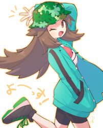 Rule 34 | 1girl, ;d, arm up, bike shorts, black shorts, blue jacket, brown eyes, brown hair, commentary, creatures (company), from side, game freak, green hat, hand in pocket, hat, highres, jacket, leaf (pokemon), leaf (sygna suit) (pokemon), leg up, long sleeves, looking at viewer, nintendo, noi (noi pk27), official alternate costume, one eye closed, open clothes, open jacket, open mouth, pokemon, pokemon masters ex, shorts, smile, solo, symbol-only commentary, white background