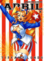 Rule 34 | 1girl, american flag, blonde hair, boxing gloves, breasts, capcom, cleavage, cleavage cutout, clothing cutout, hip focus, jadenkaiba, justice gakuen, large breasts, legs, smile, solo, tiffany lords, united states
