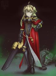Rule 34 | 1girl, absurdres, adepta sororitas, admiral hipper (azur lane), armor, armored boots, azur lane, beads, blonde hair, boots, breastplate, chainsword, commission, contrapposto, corset, dress, feet together, fleur-de-lis, frown, full body, gauntlets, green eyes, hair ornament, hairclip, hand on own hip, highres, holding, holding sword, holding weapon, imperium of man, inquisition (warhammer), kreuzer 00, long hair, looking at viewer, necron, no headwear, pauldrons, power armor, prayer beads, red dress, red sleeves, short sleeves, shoulder armor, signature, standing, sword, warhammer 40k, weapon