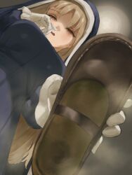 Rule 34 | 1girl, absurdres, blonde hair, highres, long hair, looking at viewer, nijisanji, nun, open mouth, pov, rito (ritoxiaying), shoes, single shoe, sister claire, smell, steam, unworn shoes, virtual youtuber, yellow eyes
