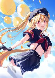 Rule 34 | 1girl, absurdres, balloon, belt, black belt, black choker, black gloves, black hat, black serafuku, black skirt, blonde hair, blue sky, blurry, blush, choker, cloud, commentary request, cowboy shot, cropped shirt, day, depth of field, fangs, gloves, hair between eyes, hand on own chest, hat, highres, lazy cat, long hair, looking at viewer, midriff, mole, mole under eye, neckerchief, open mouth, original, outdoors, partially fingerless gloves, pleated skirt, red eyes, red neckerchief, school uniform, serafuku, skirt, sky, smile, solo, twintails, very long hair