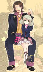 Rule 34 | 1boy, 1girl, :o, alvin (tales), blazer, blonde hair, brown eyes, brown hair, doll, elize lutus, facial hair, full body, green eyes, jacket, necktie, otsuki38, pants, pink necktie, school uniform, shoes, short hair, sitting, sitting on lap, sitting on person, skirt, stubble, tales of (series), tales of xillia, tales of xillia 2, teepo (tales), twintails, v arms, zoom layer
