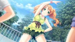 Rule 34 | 1girl, arms up, ayase hazuki, bare shoulders, breasts, cloud, game cg, green eyes, hand on own hip, kamidere, legs, long hair, looking at viewer, orange hair, shorts, sky, smile, standing, sunlight, thighs, tokunaga hoshino, tree, twintails
