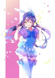 Rule 34 | 10s, 1girl, animal ears, atsumi jun, blue hair, blue thighhighs, cropped jacket, dress, earrings, hairband, holding, holding own hair, jewelry, leg ribbon, long hair, looking at viewer, love live!, love live! school idol festival, love live! school idol project, one eye closed, polka dot, puffy short sleeves, puffy sleeves, rabbit ears, rabbit tail, ribbon, short sleeves, solo, sonoda umi, star (symbol), tail, thigh ribbon, thighhighs, twintails, yellow eyes