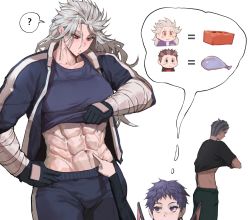 Rule 34 | 1boy, 2girls, ?, abs, balloon, bandages, bandaged arm, bandages, black eyes, black hair, blush, breasts, brick wall, brown hair, chain earrings, clothes lift, collarbone, dorohedoro, ear piercing, earrings, ebisu (dorohedoro), equal sign, fujita (dorohedoro), gloves, highres, jacket, jewelry, long hair, midriff, multicolored hair, multiple girls, muscular, muscular female, navel, noi (dorohedoro), open mouth, park ongjol, piercing, poking abs, purple eyes, purple hair, red eyes, shirt lift, short hair, simple background, single earring, speech bubble, thought bubble, two-tone hair, white background, white hair