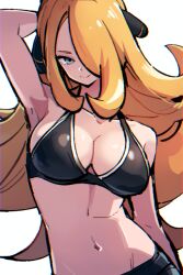 Rule 34 | 1girl, arm behind head, arm up, armpits, black sports bra, blonde hair, blue eyes, bra, breasts, cleavage, closed mouth, cowboy shot, creatures (company), cynthia (pokemon), game freak, groin, hair ornament, hair over one eye, large breasts, long hair, navel, nintendo, pokemon, pokemon dppt, rewin (nobabys perfect), smile, solo, sports bra, stomach, underwear, white background