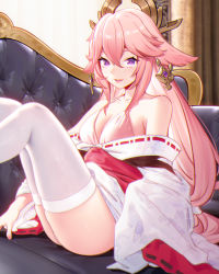 Rule 34 | 1girl, 95---, :d, animal ears, bare shoulders, blurry, bra, breasts, cleavage, clothes lift, couch, depth of field, earrings, feet out of frame, fox ears, from side, genshin impact, hair between eyes, halo, halterneck, highres, indoors, japanese clothes, jewelry, kimono, kimono lift, kimono pull, knees up, large breasts, long hair, looking at viewer, low-tied long hair, nail polish, off shoulder, open mouth, parted lips, pillar, pink bra, pink hair, pink lips, purple eyes, red nails, ribbon-trimmed sleeves, ribbon trim, sitting, smile, solo, thighhighs, underwear, white kimono, white thighhighs, yae miko
