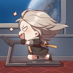 Rule 34 | 1girl, animated, animated gif, black coat, black footwear, black skirt, blush, chibi, chinese commentary, coat, commentary request, from side, full body, highres, honkai: star rail, honkai (series), miniskirt, motion lines, open clothes, open coat, open mouth, sharp teeth, shirt, skirt, solo, stelle (honkai: star rail), teeth, trailblazer (honkai: star rail), treadmill, white shirt, xinzhizhu
