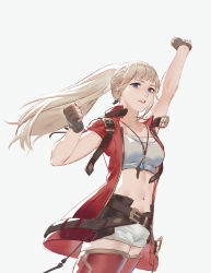 Rule 34 | 1girl, arms up, belt buckle, blouse, blue eyes, blunt bangs, boots, breasts, buckle, collarbone, crop top, earrings, final fantasy, final fantasy xiv, fingerless gloves, gloves, grey background, half gloves, highres, hyur, jacket, jewelry, lmin, long hair, looking at viewer, lyse hext, medium breasts, navel, necklace, open mouth, ponytail, red footwear, red jacket, shirt, short sleeves, shorts, sidelocks, simple background, solo, thigh boots, thighhighs, white shirt, white shorts