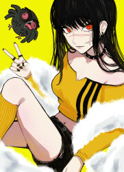 Rule 34 | 1girl, absurdres, black hair, black shorts, chainsaw man, collar, crop top, cross scar, earrings, facial scar, fur scarf, highres, jewelry, long hair, looking at viewer, multiple rings, navel piercing, off-shoulder sweater, off shoulder, piercing, red eyes, ring, ringed eyes, sailen0, scar, scar on cheek, scar on face, shorts, simple background, socks, solo, spiked collar, spikes, stud earrings, sweater, v, war devil (chainsaw man), yellow background, yellow socks, yellow sweater, yellow theme, yoru (chainsaw man)