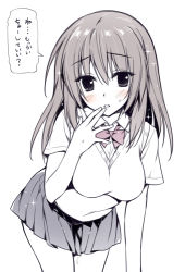 Rule 34 | 1girl, blush, breasts, large breasts, leaning forward, long hair, looking at viewer, monochrome, open mouth, original, oryo (oryo04), school uniform, skirt, solo, sweat, sweater vest, translated