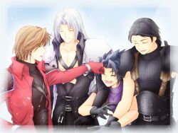 Rule 34 | 3mame 000 185, angeal hewley, armor, belt, black gloves, black hair, black jacket, black shirt, blue shirt, brown hair, closed eyes, crisis core final fantasy vii, final fantasy, final fantasy vii, genesis rhapsodos, gloves, jacket, long hair, male focus, multiple boys, open mouth, parted bangs, red gloves, red jacket, sephiroth, shirt, short hair, shoulder armor, silver hair, sleeveless, sleeveless turtleneck, smile, spiked hair, square enix, suspenders, turtleneck, upper body, zack fair