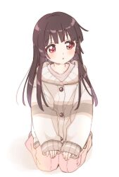 Rule 34 | 1girl, black hair, brown stripes, buttons, collarbone, expressionless, grey shirt, highres, hime cut, hood, hooded sweater, kneeling, long hair, looking to the side, matsumoto rise, namori, open mouth, pants, pink pants, pleated pants, red eyes, shadow, shirt, simple background, sleeves past wrists, solo, striped clothes, striped sweater, sweater, white background, white sweater, yuru yuri