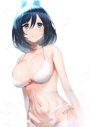 Rule 34 | 1girl, absurdres, animal ears, arms at sides, ashinowoto, bare arms, bare shoulders, bikini, black hair, blue eyes, blush, breasts, cleavage, closed mouth, eishin flash (umamusume), hair between eyes, halterneck, highres, horse ears, large breasts, looking at viewer, navel, short hair, smile, solo, swimsuit, toned, umamusume, upper body, wet, white bikini