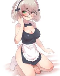 Rule 34 | 1futa, apron, bare arms, black bow, black dress, blush, bow, breasts, cleavage, dress, foreskin, futanari, glasses, green eyes, heterochromia, highres, large breasts, light brown hair, looking at viewer, maid, maid headdress, maplestory, ohthicc, penis, phimosis, red eyes, round eyewear, short hair, sitting, smile, socks, solo, uncensored, waist apron, white apron, white socks
