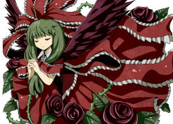 Rule 34 | 1girl, bad id, bad pixiv id, bow, closed eyes, dress, female focus, flower, frills, front ponytail, givuchoko, green hair, hair bow, kagiyama hina, leaf, long hair, own hands together, plant, red flower, red rose, ribbon, rose, simple background, skirt, smile, solo, thorns, touhou, vines, white background, wings