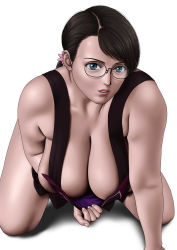 Rule 34 | 1girl, apron, black hair, blue eyes, breasts, cattleya (queen&#039;s blade), cleavage, curvy, female focus, flower, glasses, hair ornament, highres, housewife, karma-laboratory, large breasts, mature female, ponytail, queen&#039;s blade, short hair, solo, suspenders, white background