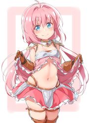 Rule 34 | 1girl, absurdres, ahoge, armor, blue eyes, blush, boots, brown gloves, endro!, gloves, highres, long hair, looking at viewer, low twintails, michairu, navel, pink hair, smile, solo, thigh boots, thigh strap, thighhighs, twintails, yuria shardet