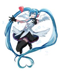 Rule 34 | 1girl, absurdly long hair, anniversary, aqua eyes, aqua hair, artist name, artist request, bare shoulders, black footwear, black gloves, black legwear, black skirt, blue eyes, blue hair, blue neckwear, boots, breasts, collared shirt, feathers, female focus, full body, gloves, hatsune miku, headphones, headset, heart, heart (symbol), heart print, highres, izu2izu, jumping, long hair, outstretched arms, shirt, skirt, small breasts, solo, twintails, very long hair, vocaloid, white background, white feathers, white shirt, white wings, wings