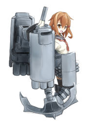 Rule 34 | 10s, 1girl, anchor, black thighhighs, brown hair, fang, full body, hair ornament, hairclip, ikazuchi (kancolle), kantai collection, looking at viewer, machinery, minosu, open mouth, school uniform, serafuku, shield, short hair, simple background, solo, standing, thighhighs, white background