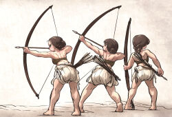 Rule 34 | 3girls, arrow (projectile), bloomers, bow (weapon), braid, braided ponytail, brown eyes, brown hair, character request, check copyright, copyright request, hair bun, highres, ironlily, multiple girls, muscular, muscular female, ordo mediare sisters (ironlily), simple background, underwear, weapon