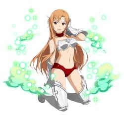 Rule 34 | 1girl, :d, armor, armored boots, asuna (sao), bikini armor, boots, breasts, brown eyes, brown hair, choker, cleavage, collarbone, floating hair, full body, gauntlets, gluteal fold, hand in own hair, highres, kneeling, long hair, looking at viewer, midriff, navel, official art, open mouth, red shorts, short shorts, shorts, small breasts, smile, solo, sparkle, strapless, sword art online, thigh boots, thighhighs, transparent background, very long hair