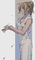 Rule 34 | 1girl, bare arms, blonde hair, blue eyes, braid, breasts, character name, cleavage, dress, falling petals, final fantasy, final fantasy xv, highres, long dress, lunafreya nox fleuret, medium breasts, medium hair, oimo (oimkimn), outstretched hand, own hands together, parted bangs, petals, ponytail, sleeveless, sleeveless dress, solo, upper body, white dress