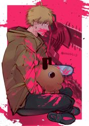 Rule 34 | animal, animal on lap, blonde hair, blood, blood on clothes, blood on face, blood splatter, bloody weapon, brown hoodie, chainsaw, chainsaw man, coat, denji (chainsaw man), from side, hood, hoodie, hybrid, looking at viewer, no eyes, on lap, pochita (chainsaw man), sharp teeth, short hair, sideways glance, silhouette, solo focus, sword, teeth, tongue, tongue out, trench coat, two-tone background, vivsss-g, wakizashi, weapon, white background