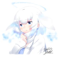 Rule 34 | 1girl, beluga whale (kemono friends) (stylecase), blue eyes, blue hair, blue neckwear, borrowed character, commentary request, dated, fins, gradient hair, head fins, kemono friends, looking away, medium hair, multicolored hair, original, parted lips, sailor collar, scarf, signature, solo, white hair, white scarf, yoshida hideyuki