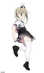 Rule 34 | 1girl, 1other, :&lt;, absurdres, bad id, bad pixiv id, blonde hair, from behind, full body, green eyes, highres, looking at viewer, looking back, maid, maka albarn, once 11h, panties, simple background, skirt, soul eater, suspender skirt, suspenders, thighhighs, twintails, underwear, white background, white thighhighs