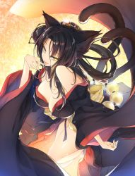 Rule 34 | 1girl, absurdres, animal ears, bare shoulders, black hair, black kimono, blue nails, breasts, cat ears, cat girl, cat tail, cleavage, female focus, finger to mouth, hair rings, hairband, high school dxd, highres, japanese clothes, kikurage (plastic people), kimono, kuroka (high school dxd), large breasts, long hair, looking at viewer, multiple tails, nail polish, naughty face, nekomata, off shoulder, official art, open mouth, purple nails, slit pupils, solo, tail, tongue, tongue out, yellow eyes