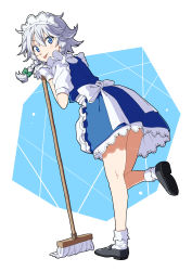 Rule 34 | 1girl, :p, apron, black footwear, blue dress, blue eyes, blush, bobby socks, bow, braid, commentary request, dress, frilled apron, frills, from behind, full body, gloves, green bow, hair between eyes, hair bow, highres, inuno rakugaki, izayoi sakuya, leaning forward, leg up, looking at viewer, looking back, maid, maid apron, maid headdress, mary janes, mop, partial commentary, planted, puffy short sleeves, puffy sleeves, shirt, shoes, short dress, short hair, short sleeves, silver hair, smile, socks, solo, standing, standing on one leg, thighs, tongue, tongue out, touhou, twin braids, waist apron, white apron, white background, white gloves, white shirt, white socks