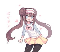 Rule 34 | 1girl, aliceyawnin, black pantyhose, blue eyes, blue sleeves, blush, breasts, brown hair, clenched hand, creatures (company), double bun, female focus, game freak, hair bun, hat, heart, japanese text, long hair, long sleeves, nintendo, open mouth, pantyhose, pink hat, poke ball symbol, poke ball theme, pokemon, pokemon bw2, raglan sleeves, rosa (pokemon), shiny clothes, shirt, short shorts, shorts, sidelocks, simple background, small breasts, smile, solo, standing, translated, twintails, very long hair, visor cap, white background, white shirt, yellow shorts