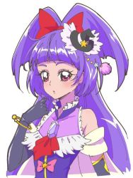 Rule 34 | 1girl, :o, ascot, bare shoulders, black gloves, black hat, blush, bow, bracelet, cape, cure magical, dress, earrings, elbow gloves, finger to mouth, frills, gem, gloves, hair ornament, hat, izayoi liko, jewelry, long hair, looking at viewer, mahou girls precure!, mini hat, mini witch hat, pink bow, precure, purple dress, purple eyes, purple gemstone, purple hair, riko (mahou girls precure!), simple background, sketch, sleeveless, sleeveless dress, solo, tj-type1, upper body, very long hair, white background, witch hat