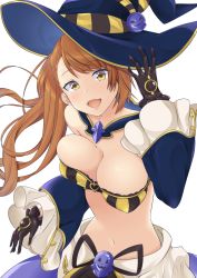 Rule 34 | 10s, 1girl, bad id, bad pixiv id, beatrix (granblue fantasy), black gloves, breasts, brown hair, cleavage, eyebrows, gloves, granblue fantasy, hat, highres, lein, long hair, looking at viewer, navel, open mouth, simple background, smile, solo, white background, witch hat, yellow eyes