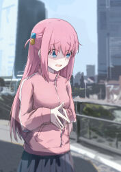 Rule 34 | 1girl, blue eyes, bocchi the rock!, building, city, commentary request, cube hair ornament, gotoh hitori, grey skirt, hair ornament, highres, jacket, l2 (keonyuigita), long hair, looking down, one side up, open mouth, outdoors, own hands together, pink hair, pink jacket, pink track suit, pleated skirt, skirt, solo, track jacket