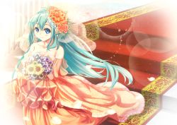 Rule 34 | 1girl, alice carroll, alternate costume, aria (manga), bananatsukis, bare shoulders, blue eyes, blush, bouquet, closed mouth, collarbone, dress, earrings, floral print, flower, full body, green hair, hair flower, hair ornament, highres, holding, holding bouquet, jewelry, light smile, long hair, looking at viewer, orange dress, pleated dress, raised eyebrows, smile, solo, stairs, strapless, strapless dress, veil