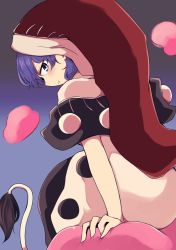 Rule 34 | 1girl, absurdres, black capelet, blob, blue eyes, blue hair, breasts, capelet, doremy sweet, dream soul, dress, hat, highres, looking at viewer, multicolored clothes, multicolored dress, nightcap, pom pom (clothes), red hat, short hair, sitting, smile, solo, tail, tapir tail, touhou, yasui nori