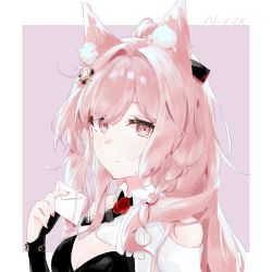 Rule 34 | 1girl, animal ear fluff, animal ears, arknights, artist name, black gloves, black shirt, border, braid, breasts, cleavage, clothing cutout, envelope, gloves, hair ornament, hand up, highres, holding, holding envelope, long hair, looking at viewer, nivyx, outside border, partially fingerless gloves, pink background, pink eyes, pink hair, pozyomka (arknights), shirt, shoulder cutout, simple background, small breasts, solo, white border, wolf ears, wolf girl