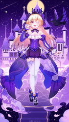 Rule 34 | 1girl, :d, asymmetrical legwear, blonde hair, castle, choker, commentary, detached sleeves, english commentary, eyepatch, fischl (ein immernachtstraum) (genshin impact), fischl (genshin impact), full body, full moon, genshin impact, highres, jewelry, long hair, long sleeves, looking at viewer, moon, night, night sky, official alternate costume, open mouth, oz (genshin impact), red eyes, ring, sidelocks, sky, skyline, smile, standing, star (sky), starry sky, tiara, viclim-monou