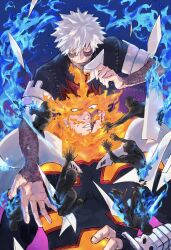Rule 34 | 2boys, 6+others, blue eyes, blue fire, boku no hero academia, burn scar, coat, dabi (boku no hero academia), endeavor (boku no hero academia), father and son, fire, gradient background, highres, holding, holding letter, letter, male focus, morozumi, multiple boys, multiple others, outstretched arm, paper, scar, smile, spoilers, stapled, stitches, todoroki touya, twitter username, white hair