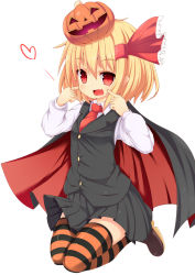 Rule 34 | 1girl, :d, blonde hair, blush, cape, dress shirt, fang, female focus, full body, gamuo, hair ribbon, halloween, heart, highres, jack-o&#039;-lantern, long sleeves, looking at viewer, necktie, open mouth, pleated skirt, red eyes, red necktie, ribbon, rumia, shirt, short hair, simple background, skirt, smile, solo, striped clothes, striped thighhighs, thighhighs, touhou, vest, white background, white shirt, white thighhighs